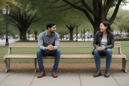 Man and woman making small talk on park bench