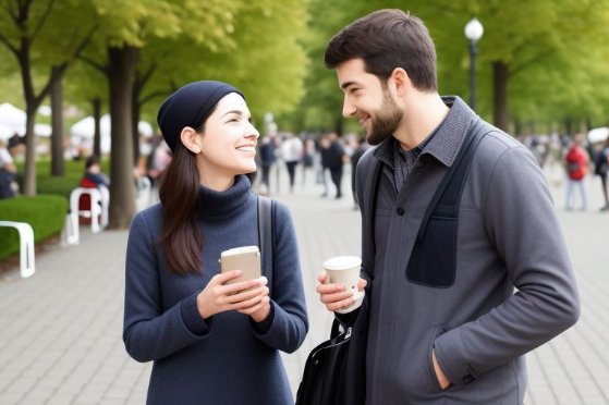 Man and woman making small talk in the park