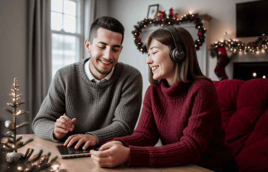 Young couple listening to the Christmas Number One
