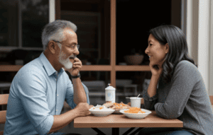 man and woman talking about food
